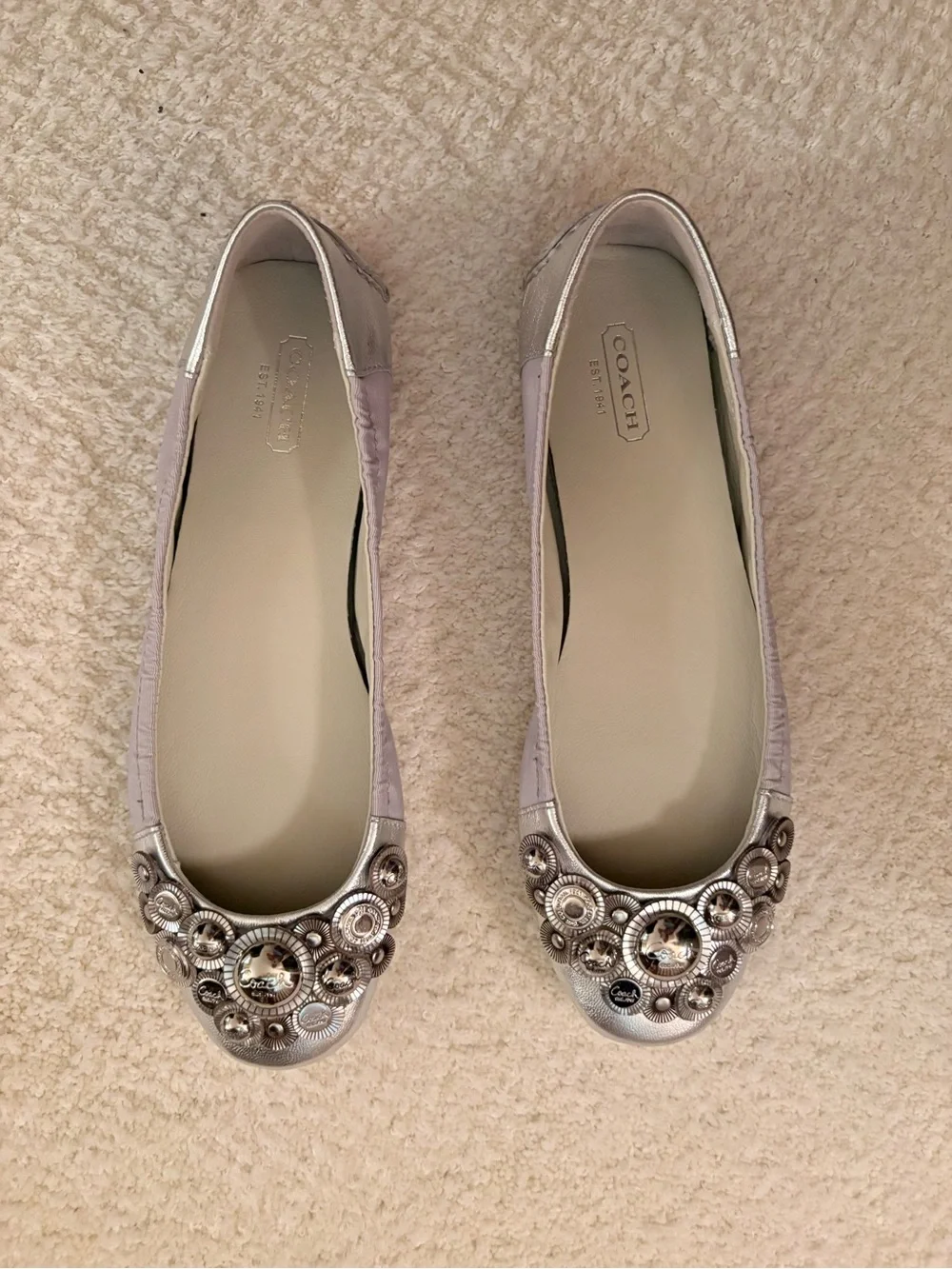 COACH Silver Metallic Embellished Ballet Flats